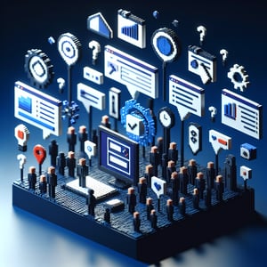 3D voxel art depicting the concept of online customer surveys, set against a dark blue background.