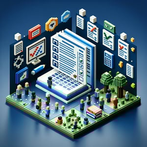 3D voxel art illustrating online surveys on inclusive education, set against a dark blue background.