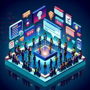 3D voxel art depicting online surveys and questions, set against a dark blue background.