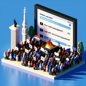 3D voxel art depicting online surveys on racism amidst protest, set against a dark blue background.