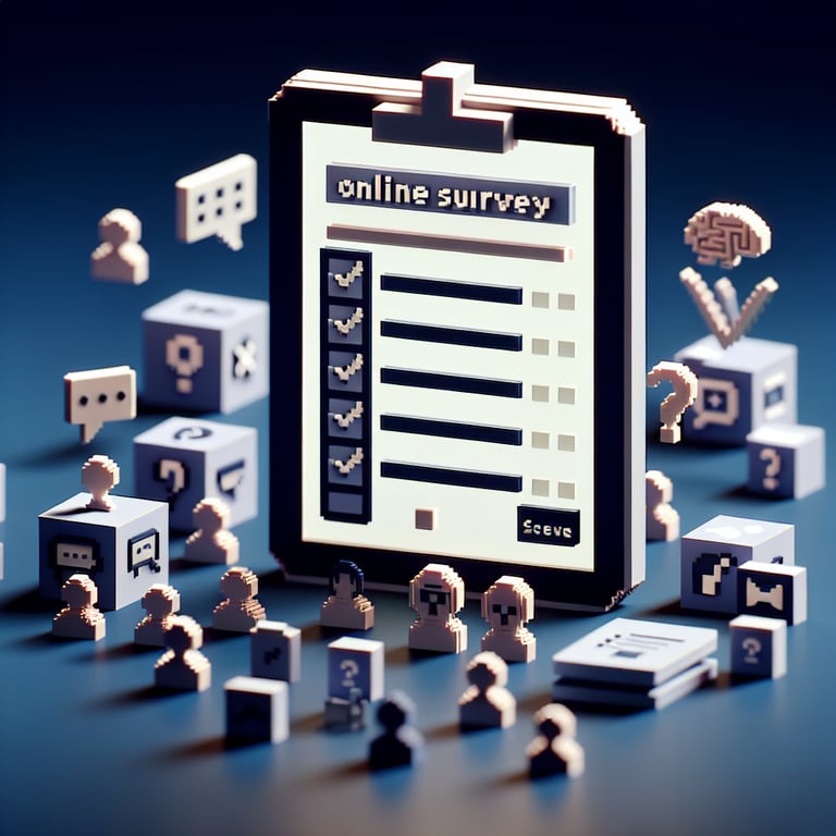 3D voxel art illustrating online mental health and social media surveys on a dark blue background.