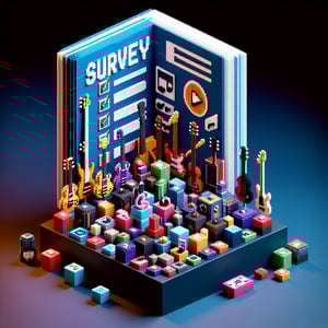 3D voxel art depicting online music magazine survey concept on a dark blue background.