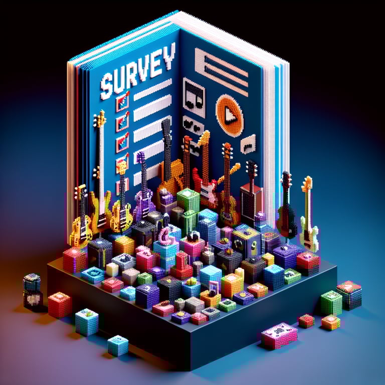 3D voxel art depicting online music magazine survey concept on a dark blue background.