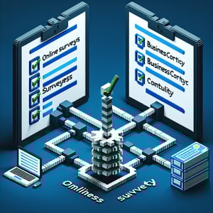 3D voxel art depicting online business continuity survey process on a dark blue background.