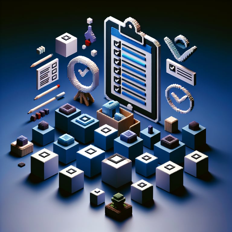 3D voxel art depicting the concept of online surveys for new product development on a dark blue background.
