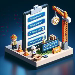 3D voxel art depicting online surveys concept, set against a dark blue background. Ideal for new restaurant pre-opening surveys.
