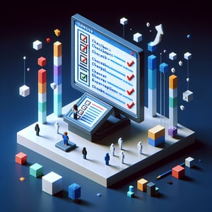 3D voxel art depicting online political affiliation surveys against a dark blue background.