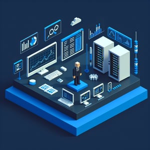 3D voxel art depicting online IT department surveys with a dark blue background.