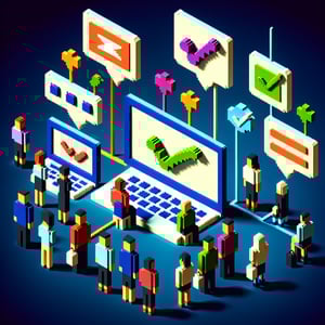 3D voxel art depicting online persuasive speech survey process on a dark blue background.