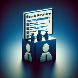 3D voxel art depicting online social skills surveys, with a dark blue background.