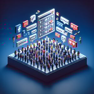 3D voxel art depicting online surveys and questions, with a dark blue background.