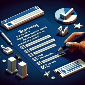 3D voxel art depicting online American drug and alcohol survey concept on a dark blue background.