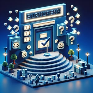 3D voxel art depicting the concept of online user satisfaction surveys on a dark blue background.
