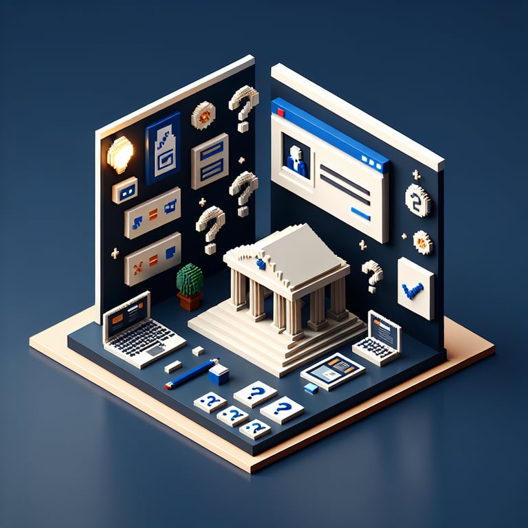 3D voxel art depicting online surveys concept, tailored for university students, on a dark blue background.