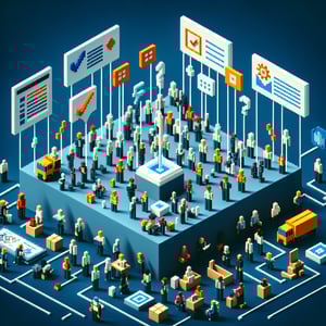3D voxel art depicting the concept of online labour force surveys on a dark blue background.