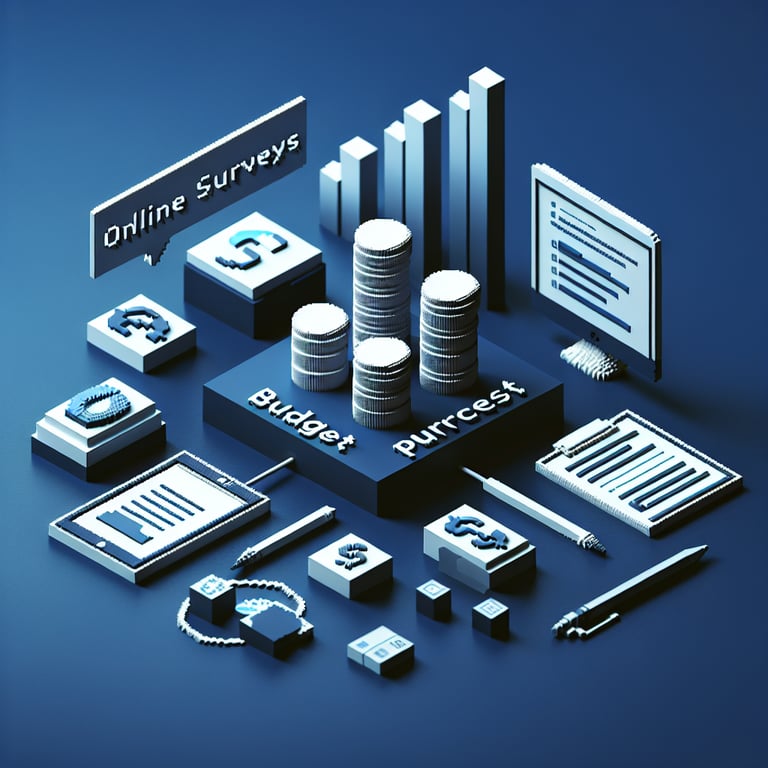 3D voxel art depicting online budget process survey concept on a dark blue background.