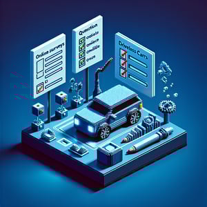 3D voxel art depicting online surveys concept, themed around driverless cars on a dark blue background.