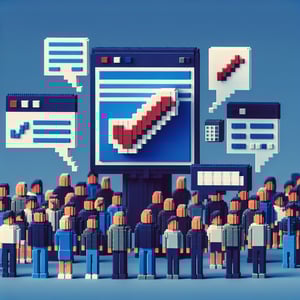 3D voxel art depicting the concept of online surveys with elements symbolizing dishonesty on a dark blue background.