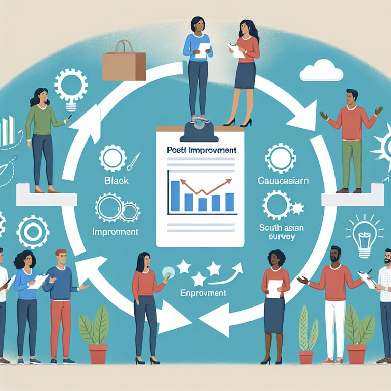 Illustration highlighting key topics in Post Project Feedback survey questions for continuous improvement