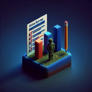 3D voxel art depicting online military survey concept on a dark blue background.