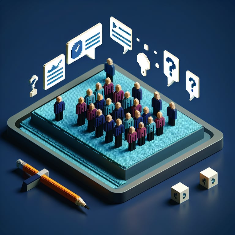 3D voxel art illustrating online employee engagement survey concept on a dark blue background.