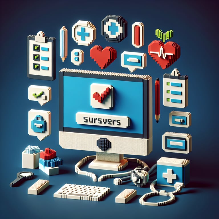 3D voxel art depicting the concept of online California health interview surveys on a dark blue background.