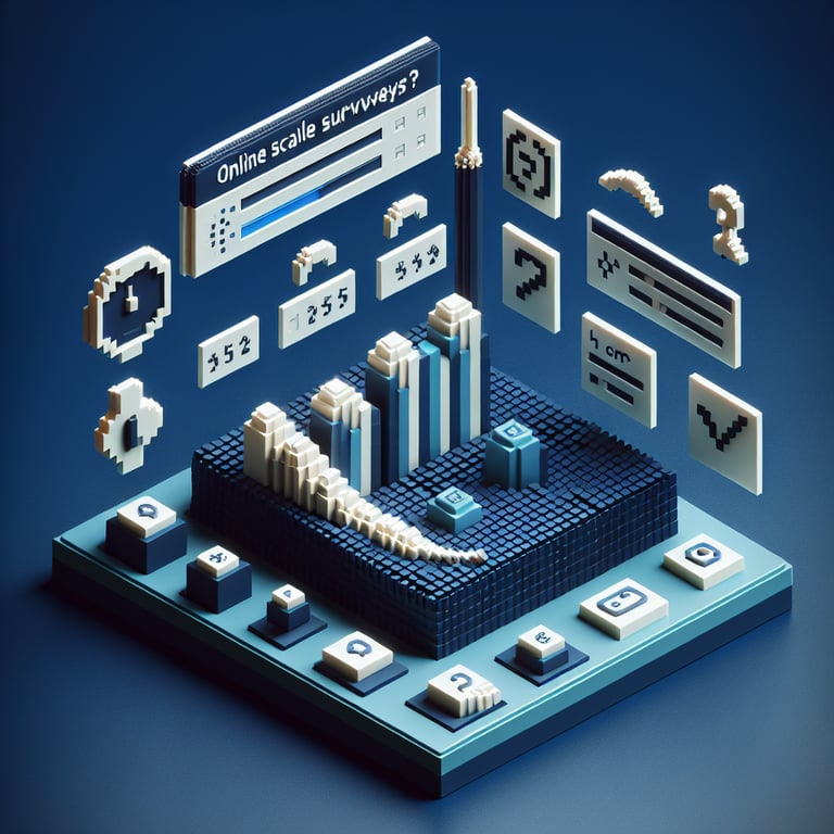 3D voxel art representing frequency scale survey questions on a dark blue background.