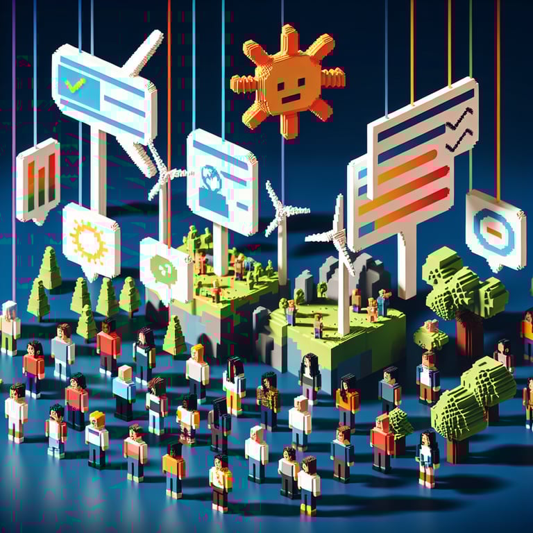 3D voxel art depicting online sustainability surveys, set against a dark blue background.