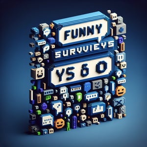 3D voxel art depicting humorous online yes or no surveys on a dark blue background.