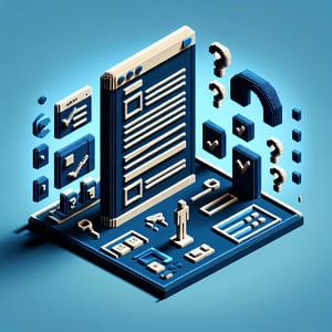 3D voxel art depicting the concept of online personal development surveys on a dark blue background.