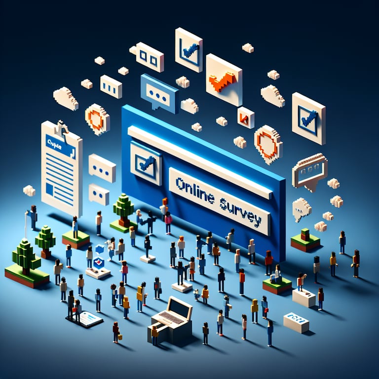 3D voxel art depicting the concept of online surveys and questions, set against a dark blue background.