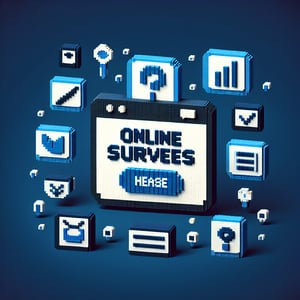 3D voxel art depicting online age demographic surveys on a dark blue background.