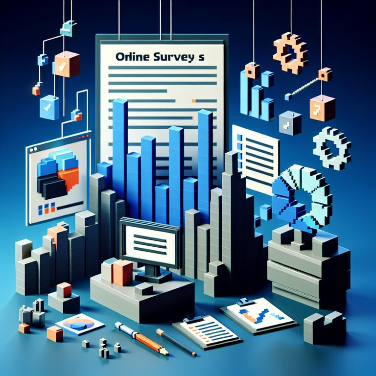 3D voxel art depicting online surveys, symbolizing business process improvement queries on a dark blue background.