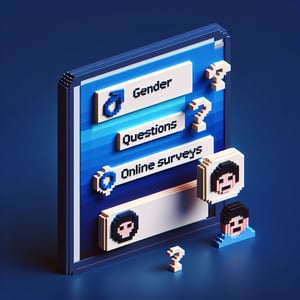 3D voxel art depicting an online survey, symbolizing gender-related questions, set against a dark blue background.