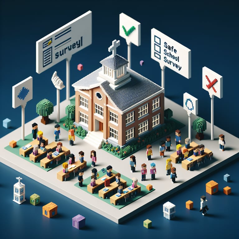 Artistic 3D voxel model illustrating a safety assessment questionnaire at school