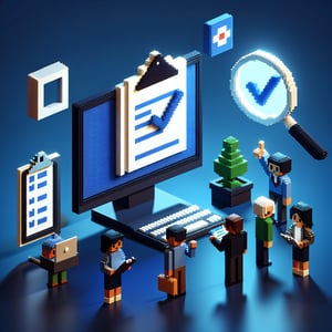 3D voxel art depicting online surveys, set against a dark blue background, symbolizing CAHPS outpatient surveys.
