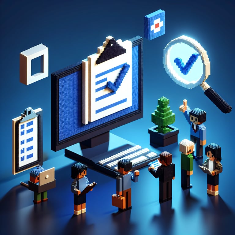 3D voxel art depicting online surveys, set against a dark blue background, symbolizing CAHPS outpatient surveys.