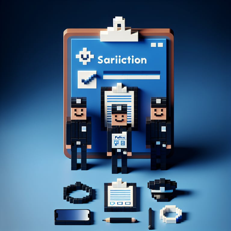 3D voxel art representing an online police satisfaction survey on a dark blue background.