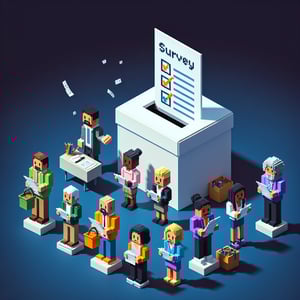 3D voxel art depicting online surveys, symbolizing end-of-year teacher surveys on a dark blue background.