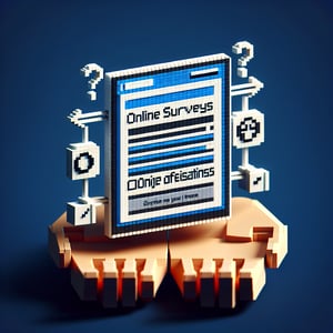 3D voxel art depicting online religious affiliation survey concept on a dark blue background.