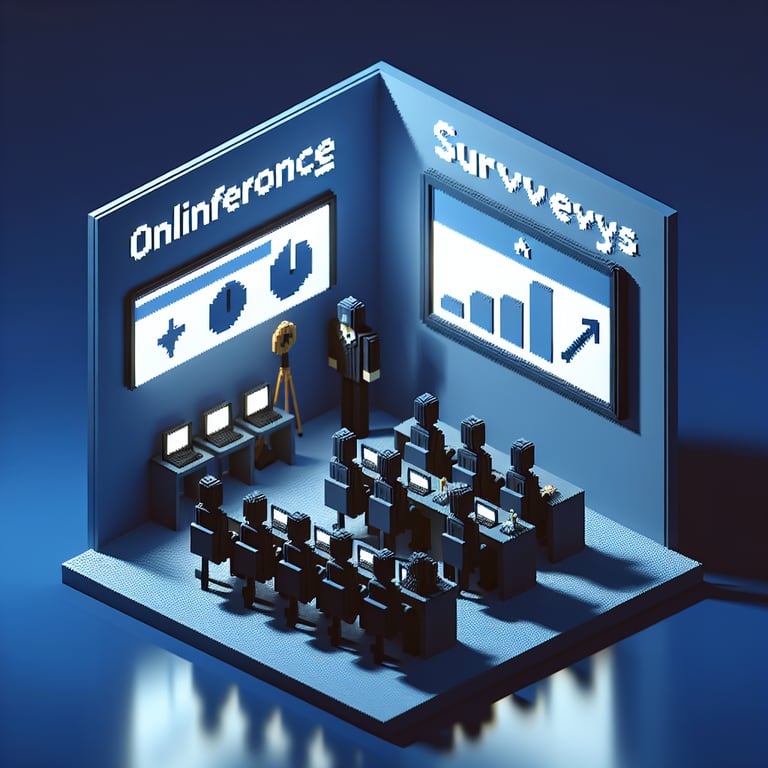3D voxel art depicting the concept of online conference room surveys on a dark blue background.
