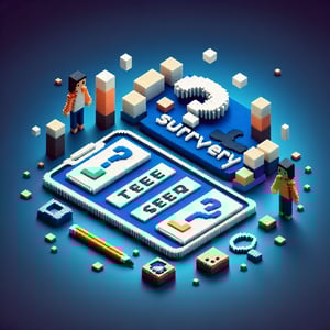 3D voxel art depicting the concept of online two-question surveys on a dark blue background.