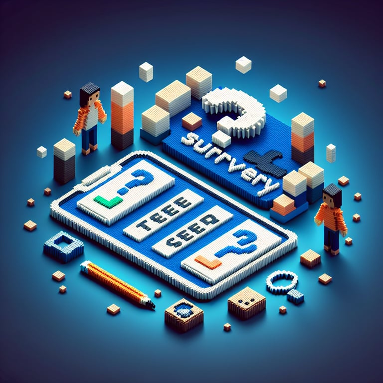3D voxel art depicting the concept of online two-question surveys on a dark blue background.
