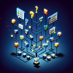 3D voxel art depicting online surveys and questions on a dark blue background.