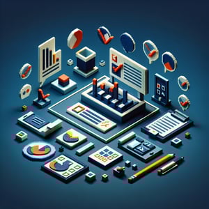 3D voxel art depicting online satisfaction surveys with a dark blue background.