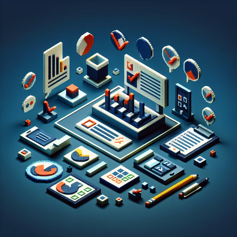 3D voxel art depicting online satisfaction surveys with a dark blue background.