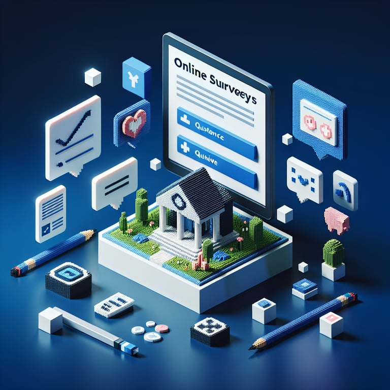 3D voxel art depicting the concept of online insurance customer satisfaction surveys on a dark blue background.