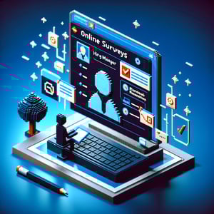 3D voxel art depicting a hiring manager interacting with an online satisfaction survey on a dark blue background.