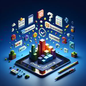 3D voxel art depicting online surveys on a dark blue background, ideal for in-app survey landing page.