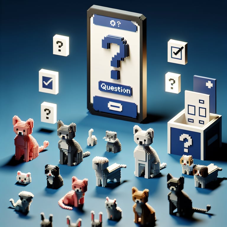 3D voxel art featuring various animals interacting, symbolizing online animal bonding question surveys.